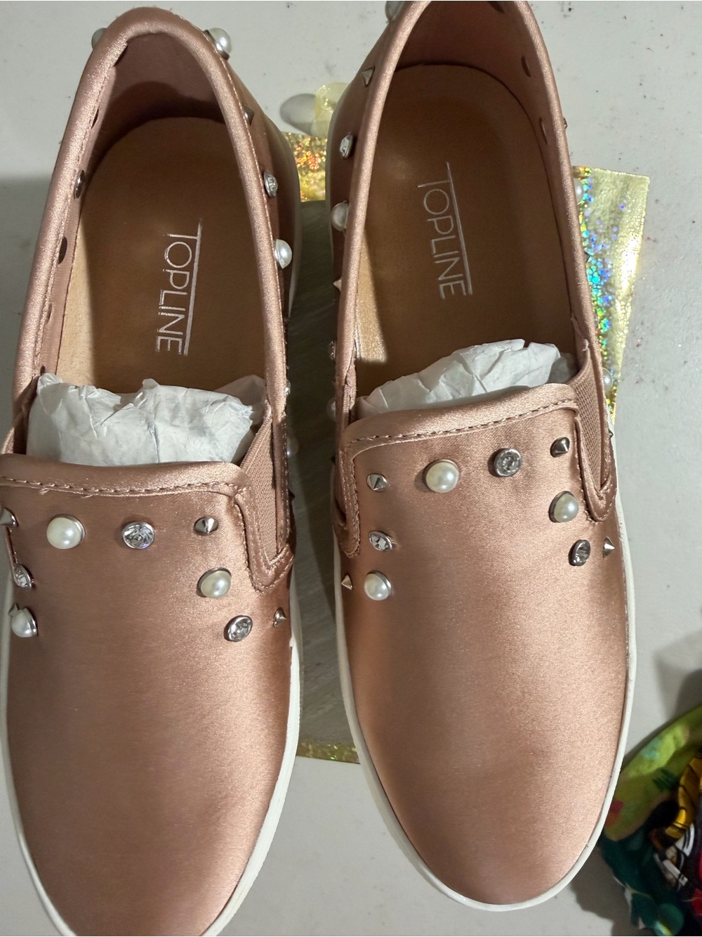 Kids' Rose Gold Pearl & Crystal Slip-On Sneakers